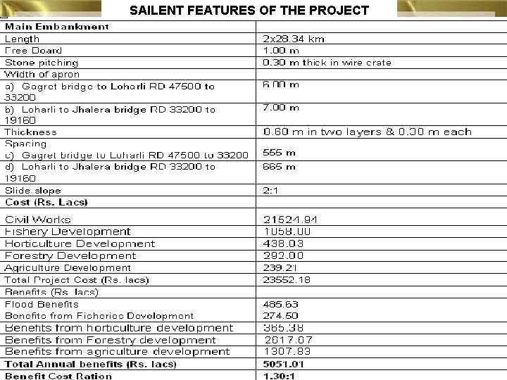SAILENT FEATURES OF THE PROJECT 