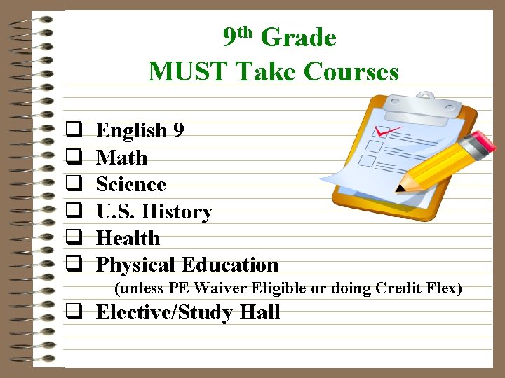 9 th Grade MUST Take Courses q q q English 9 Math Science U.