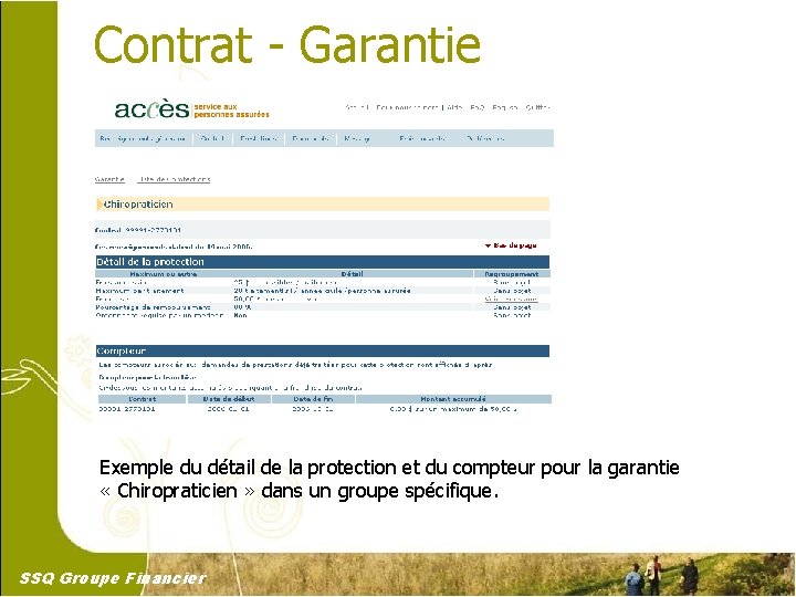 Contrat - Garantie Exemple du détail de la protection et du compteur pour la