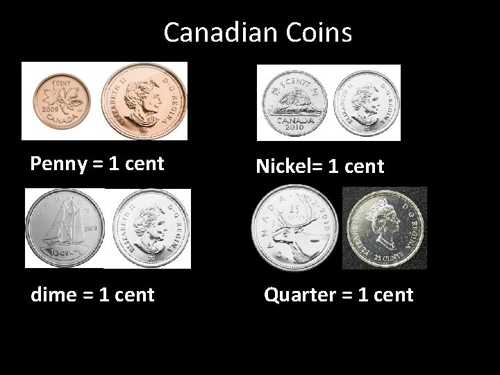 Canadian Coins Penny = 1 cent dime = 1 cent Nickel= 1 cent Quarter