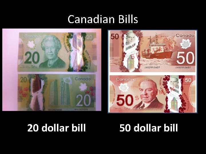 Canadian Bills 20 dollar bill 50 dollar bill 