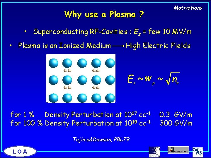 Why use a Plasma ? Motivations • Superconducting RF-Cavities : Ez = few 10