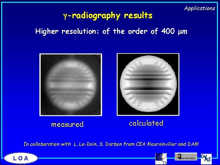 g-radiography results Applications Higher resolution: of the order of 400 mm measured calculated In
