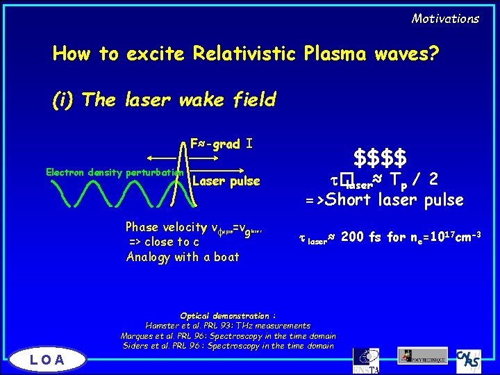 Motivations How to excite Relativistic Plasma waves? (i) The laser wake field F≈-grad I