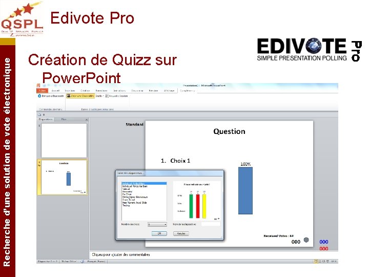 Recherche d’une solution de vote électronique Edivote Pro Création de Quizz sur Power. Point Recherche d’une solution de vote électronique Edivote Pro Création de Quizz sur Power. Point