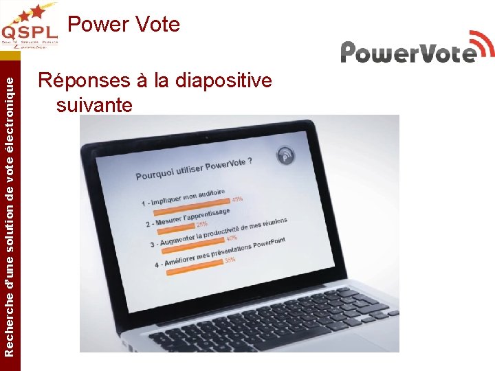 Recherche d’une solution de vote électronique Power Vote Réponses à la diapositive suivante Recherche d’une solution de vote électronique Power Vote Réponses à la diapositive suivante