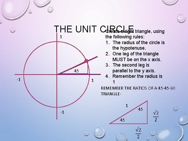 THE UNIT CIRCLE Create a right triangle, using 1 45 -1 1 the following