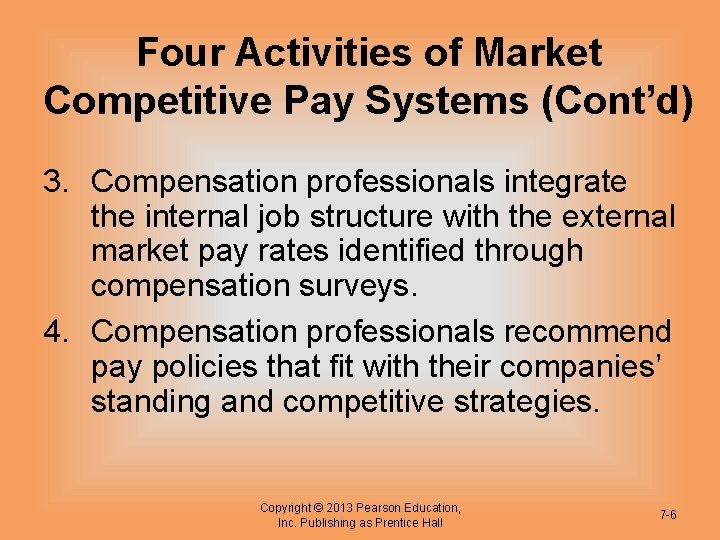 Four Activities of Market Competitive Pay Systems (Cont’d) 3. Compensation professionals integrate the internal