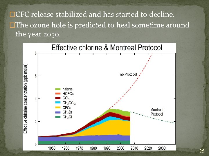 �CFC release stabilized and has started to decline. �The ozone hole is predicted to