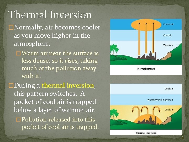Thermal Inversion �Normally, air becomes cooler as you move higher in the atmosphere. �