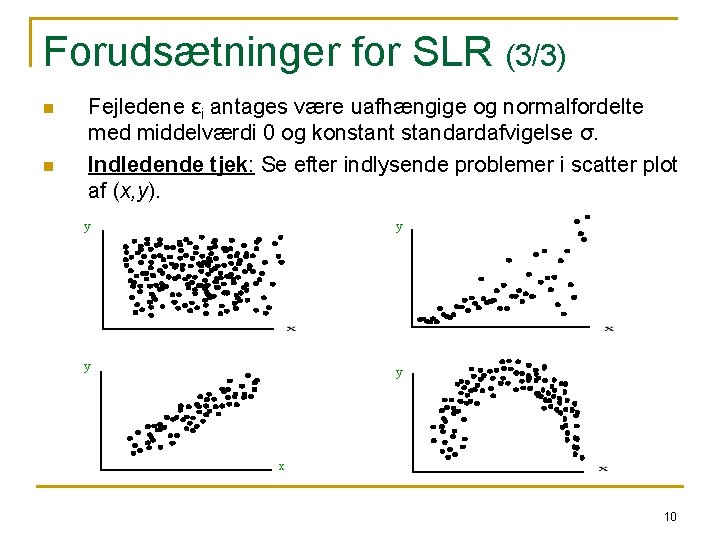 Forudsætninger for SLR (3/3) n n Fejledene εi antages være uafhængige og normalfordelte med