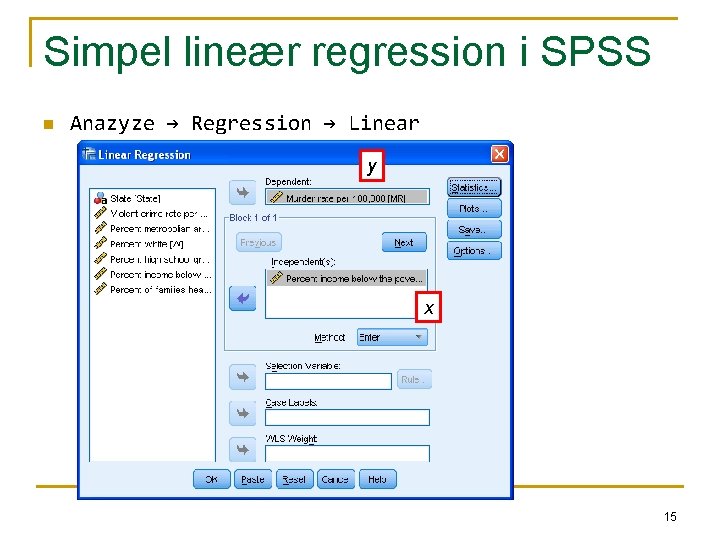 Simpel lineær regression i SPSS n Anazyze → Regression → Linear y x 15