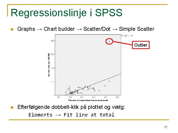 Regressionslinje i SPSS n Graphs → Chart builder → Scatter/Dot → Simple Scatter Outlier