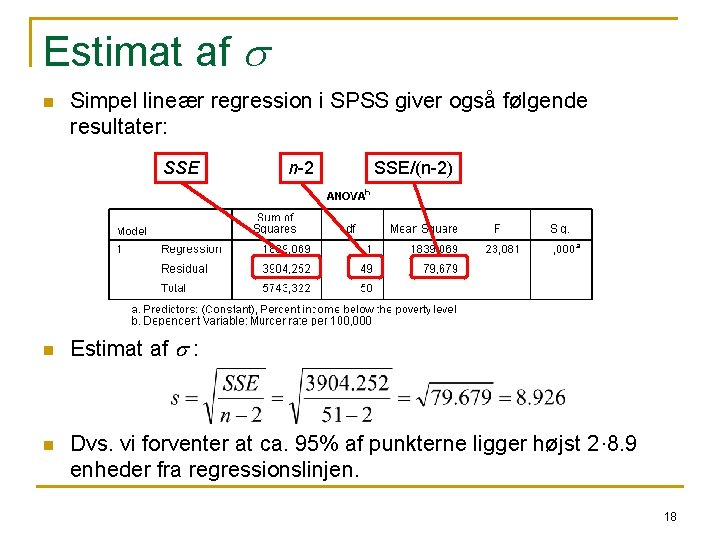 Estimat af s n Simpel lineær regression i SPSS giver også følgende resultater: SSE