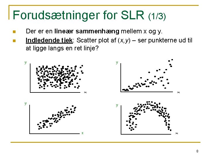 Forudsætninger for SLR (1/3) n n Der er en lineær sammenhæng mellem x og