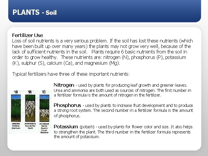 PLANTS - Soil Fertilizer Use Loss of soil nutrients is a very serious problem.