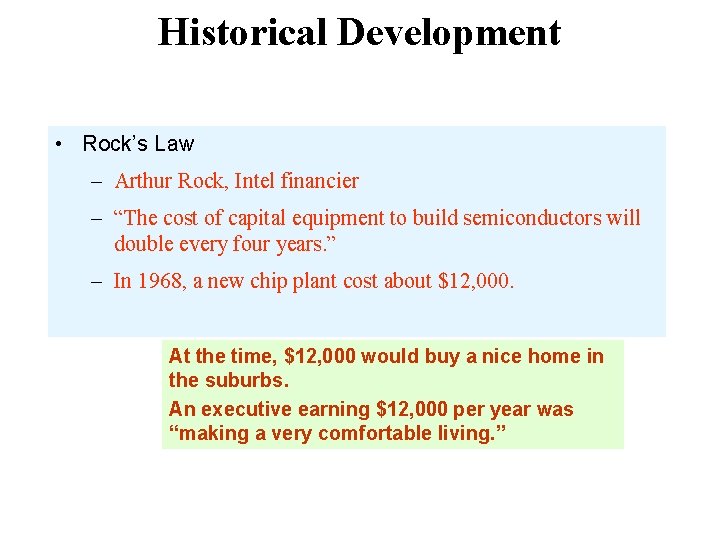 Historical Development • Rock’s Law – Arthur Rock, Intel financier – “The cost of