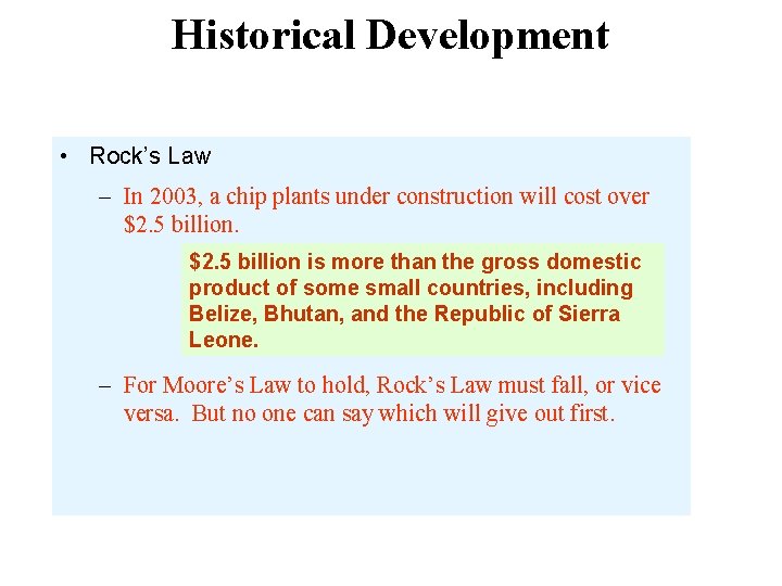 Historical Development • Rock’s Law – In 2003, a chip plants under construction will