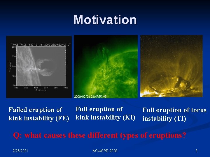 Motivation Full eruption of Failed eruption of kink instability (FE) kink instability (KI) Full