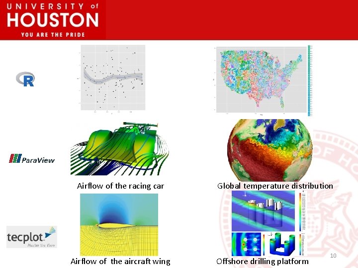 Airflow of the racing car Airflow of the aircraft wing Global temperature distribution Offshore