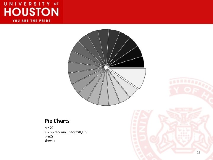 Pie Charts n = 20 Z = np. random. uniform(0, 1, n) pie(Z) show()