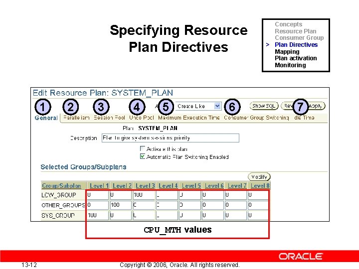 Specifying Resource Plan Directives 1 2 3 4 5 6 CPU_MTH values 13 -12
