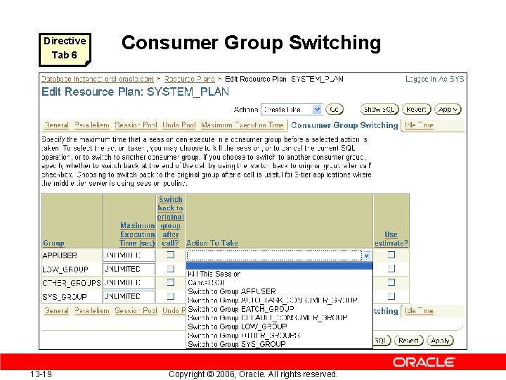 Directive Tab 6 Consumer Group Switching xx 13 -19 Copyright © 2006, Oracle. All