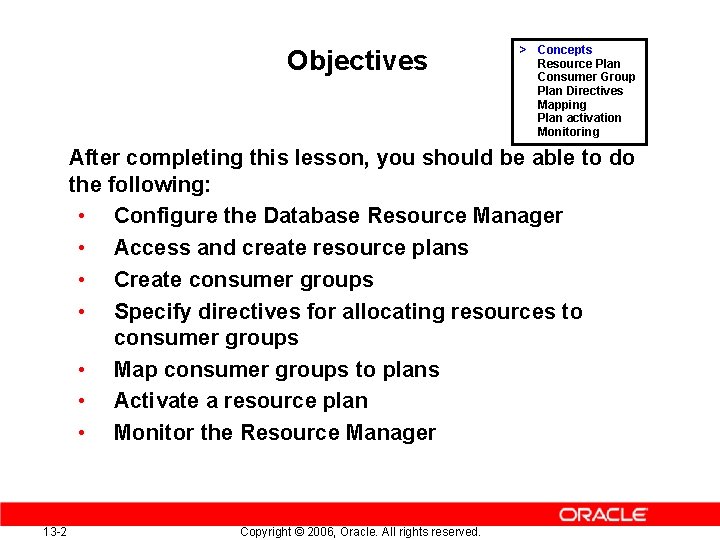 Objectives > Concepts Resource Plan Consumer Group Plan Directives Mapping Plan activation Monitoring After