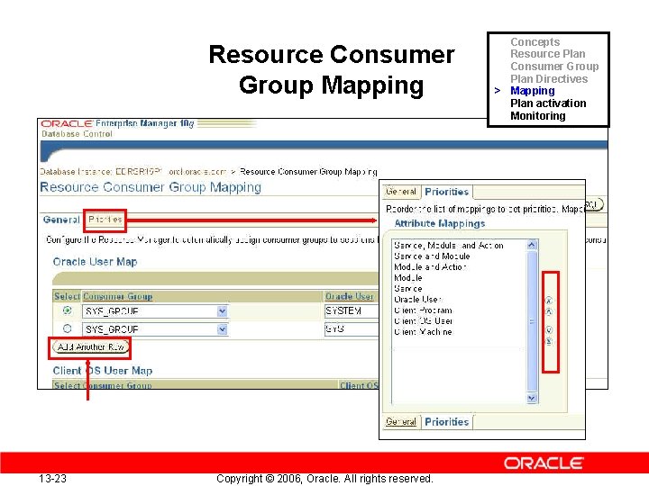 Resource Consumer Group Mapping 13 -23 Copyright © 2006, Oracle. All rights reserved. Concepts