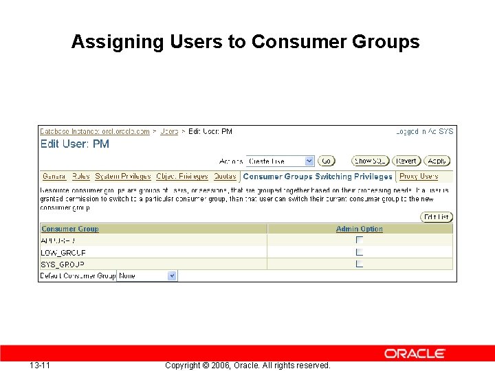 Assigning Users to Consumer Groups 13 -11 Copyright © 2006, Oracle. All rights reserved.