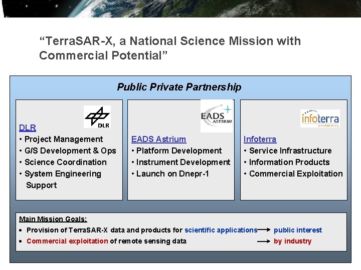 “Terra. SAR-X, a National Science Mission with Commercial Potential” Public Private Partnership DLR • “Terra. SAR-X, a National Science Mission with Commercial Potential” Public Private Partnership DLR •