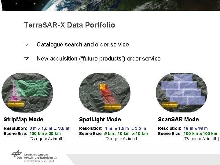 Terra. SAR-X Data Portfolio Catalogue search and order service New acquisition (“future products”) order Terra. SAR-X Data Portfolio Catalogue search and order service New acquisition (“future products”) order