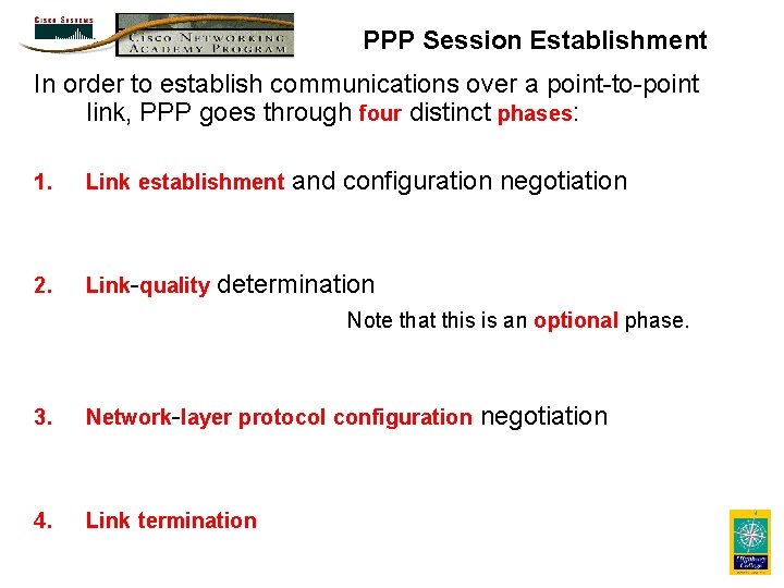PPP Session Establishment In order to establish communications over a point-to-point link, PPP goes