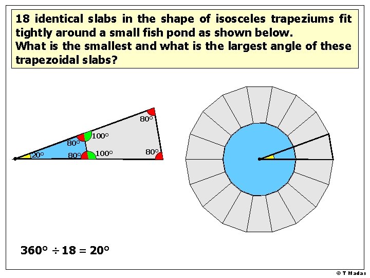 18 identical slabs in the shape of isosceles trapeziums fit tightly around a small