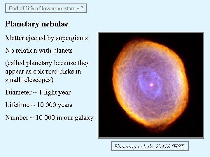 End of life of low mass stars - 7 Planetary nebulae Matter ejected by