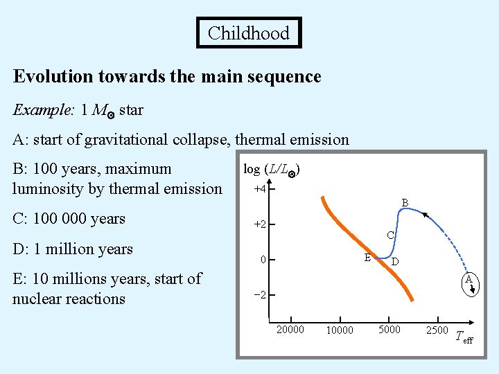 Childhood Evolution towards the main sequence Example: 1 M star A: start of gravitational