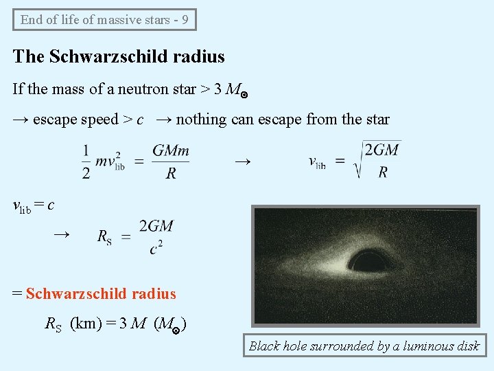 End of life of massive stars - 9 The Schwarzschild radius If the mass