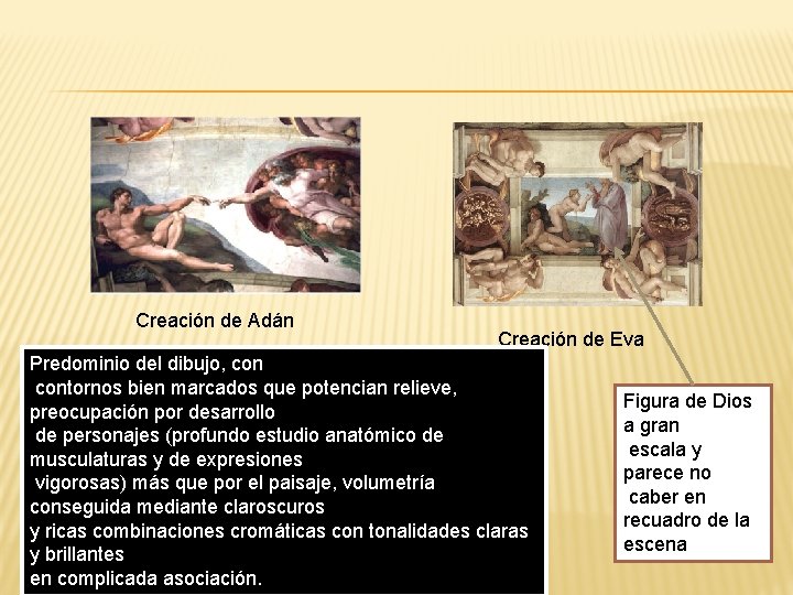 Creación de Adán Creación de Eva Predominio del dibujo, contornos bien marcados que potencian