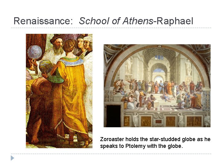 Renaissance: School of Athens-Raphael Zoroaster holds the star-studded globe as he speaks to Ptolemy