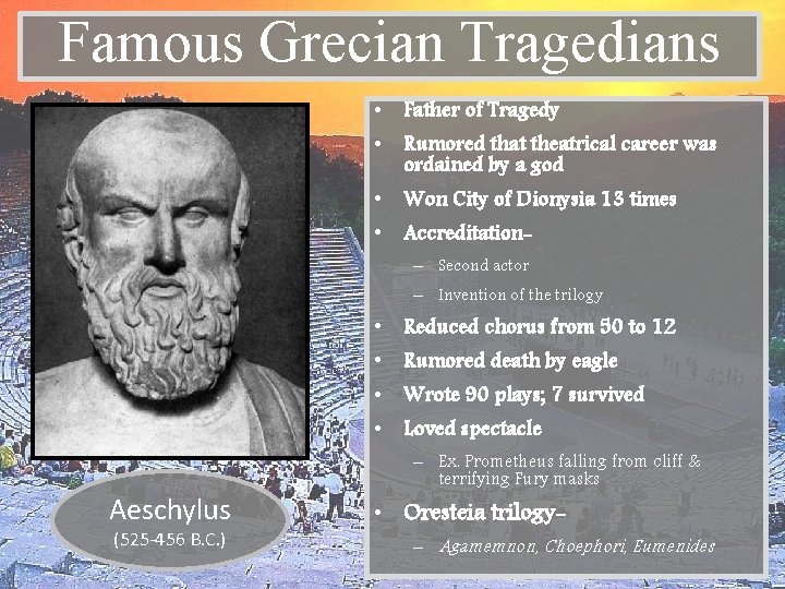 Famous Grecian Tragedians • Father of Tragedy • Rumored that theatrical career was ordained