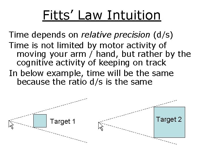Fitts’ Law Intuition Time depends on relative precision (d/s) Time is not limited by
