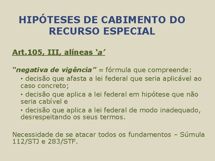 HIPÓTESES DE CABIMENTO DO RECURSO ESPECIAL Art. 105, III, alíneas ‘a’ “negativa de vigência”