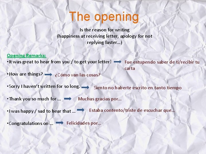 The opening Is the reason for writing (happiness at receiving letter, apology for not