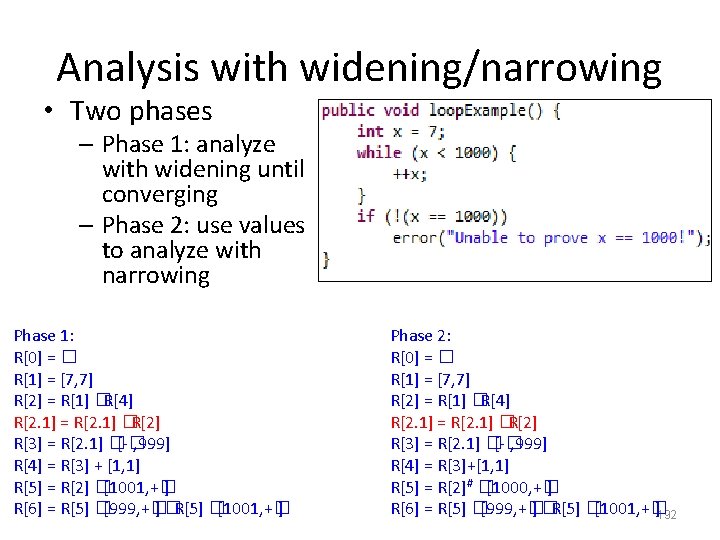 Analysis with widening/narrowing • Two phases – Phase 1: analyze with widening until converging