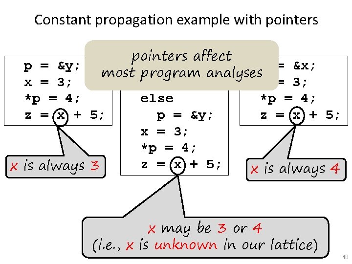 Constant propagation example with pointers p = &y; x = 3; *p = 4;