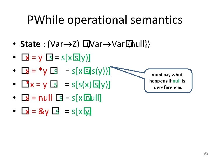 PWhile operational semantics • • • State : (Var Z) �(Var Var� {null}) �x