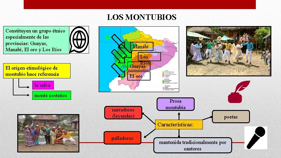 LOS MONTUBIOS Constituyen un grupo étnico especialmente de las provincias: Guayas, Manabí, El oro