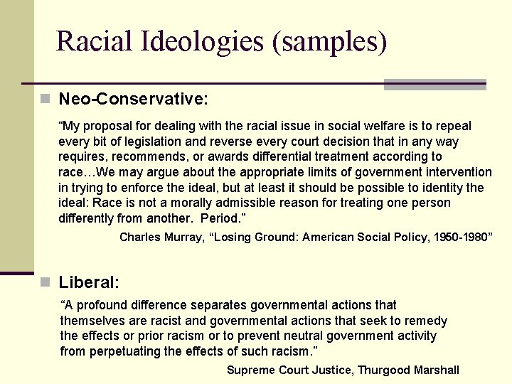 Racial Ideologies (samples) n Neo-Conservative: “My proposal for dealing with the racial issue in