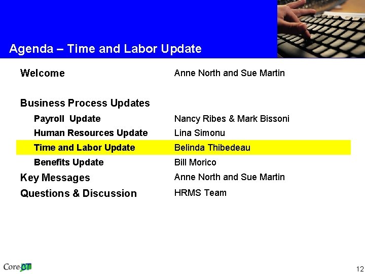 Agenda – Time and Labor Update Welcome Anne North and Sue Martin Business Process