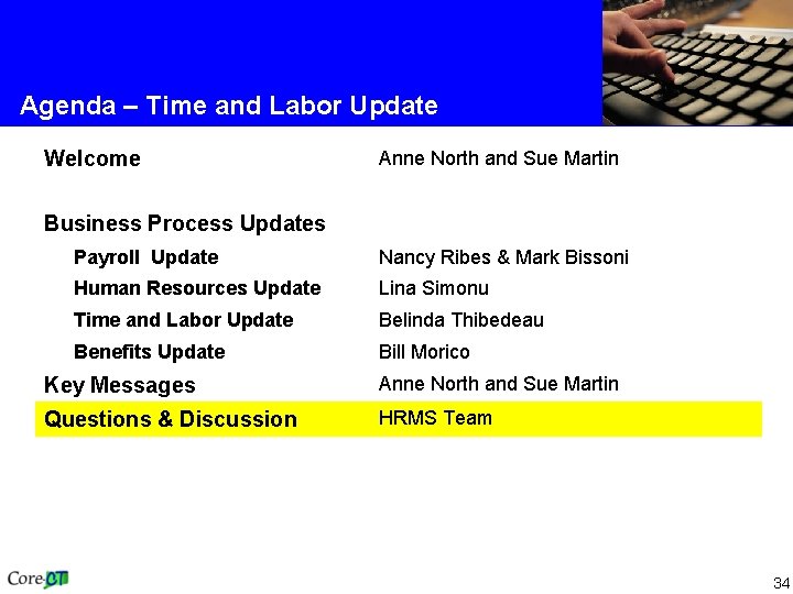 Agenda – Time and Labor Update Welcome Anne North and Sue Martin Business Process